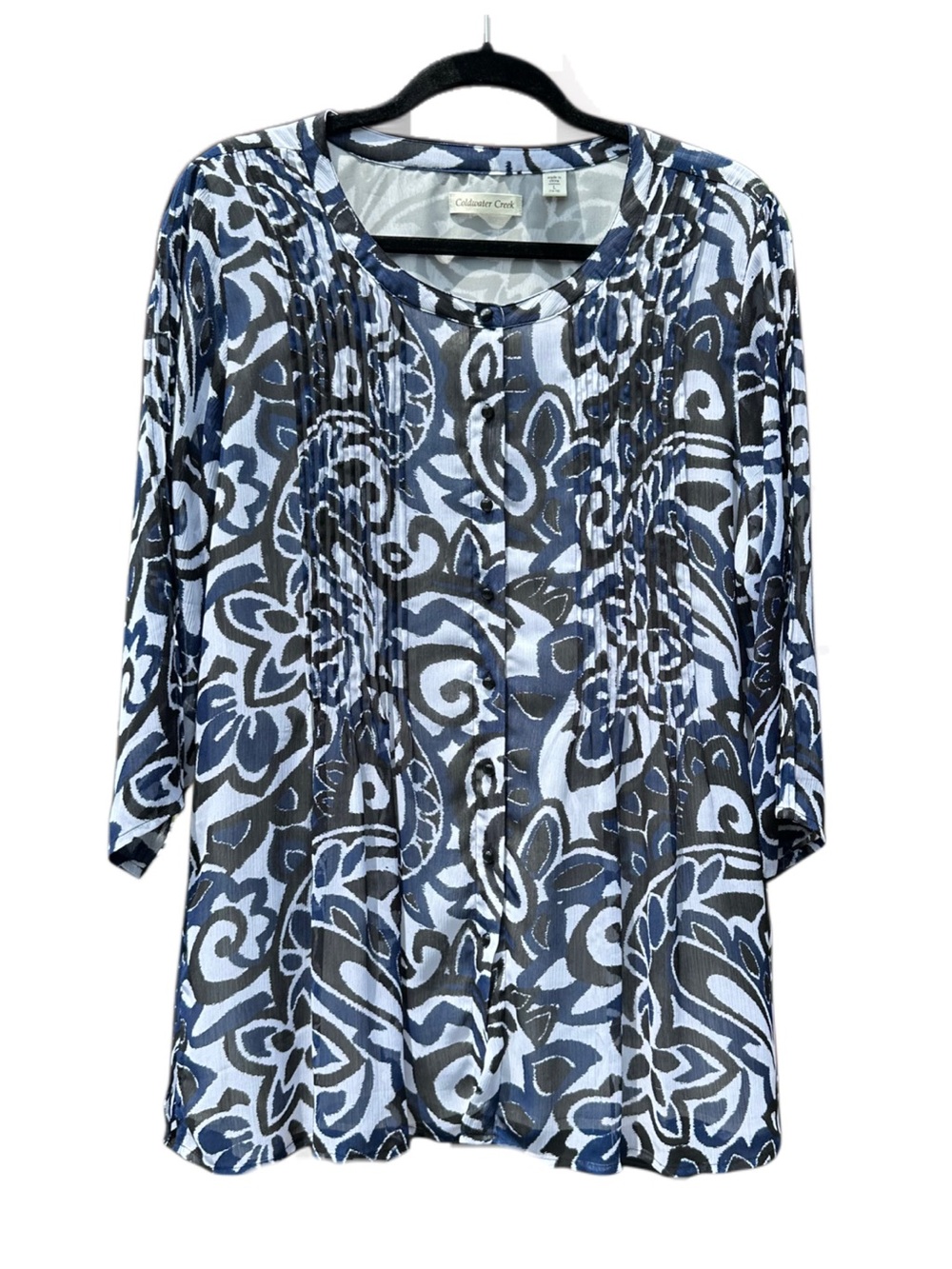 Coldwater Creek Blue Black Abstract Print Crinkle Blouse Tunic Top L